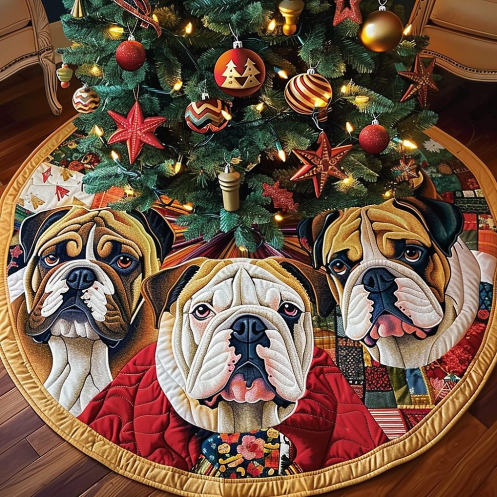 Playful Bulldog Fun Christmas Tree Skirt — Custom Pet-Themed Holiday Skirt For Dog Lovers, Made-To-Order With Durable Fabric