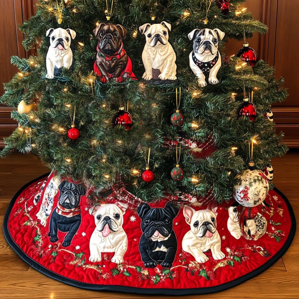 Classic Bulldog Holiday Tree Skirt — Handmade Bulldog Print Christmas Skirt, Custom Options For Pet-Themed Seasonal Décor