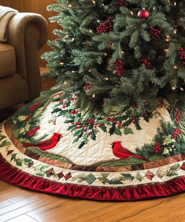 Cardinal Family Holiday Tree Skirt — Custom Made Red Cardinal Christmas Skirt On Plush Fabric For Festive Mantel-To-Tree Styling