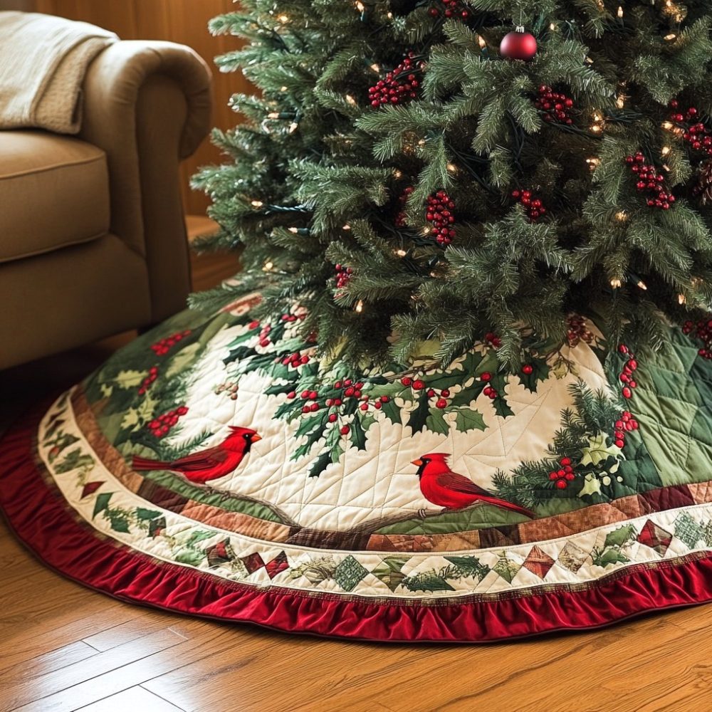 Cardinal Family Holiday Tree Skirt — Custom Made Red Cardinal Christmas Skirt On Plush Fabric For Festive Mantel-To-Tree Styling