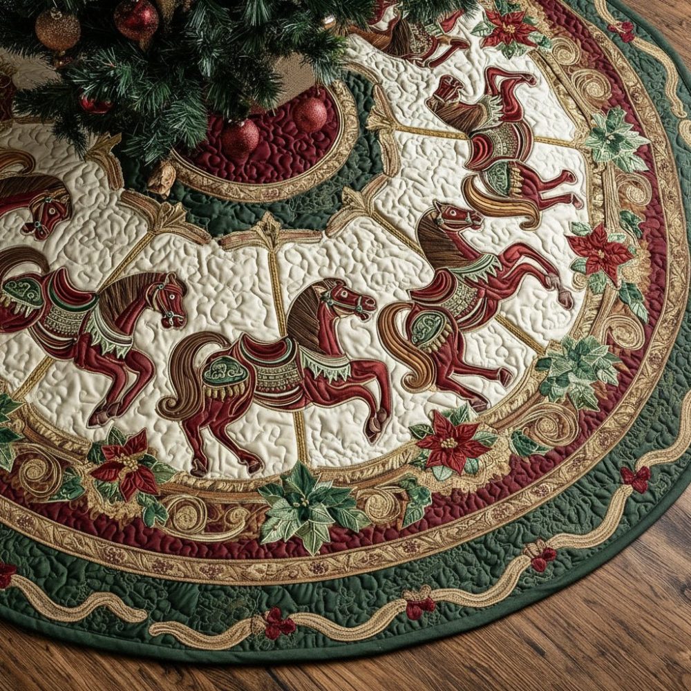 Vintage Carousel Horse Christmas Tree Skirt — Handcrafted Custom Merry-Go-Round Holiday Skirt For Classic Seasonal Style