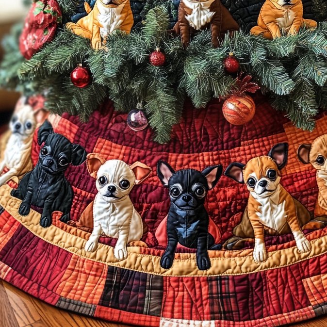 Festive Chihuahua Cheer Christmas Tree Skirt — Custom Cheerful Chihuahua Holiday Collar, Soft Fabric, Personalized & Washable