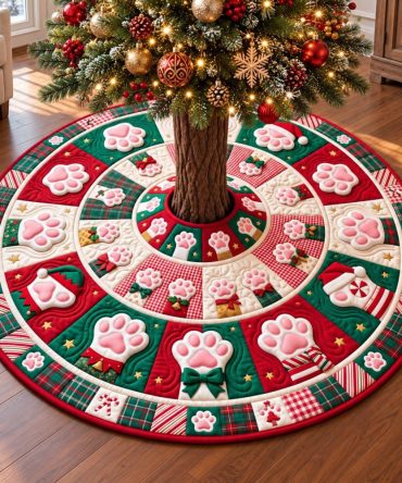Pink Paw Print Christmas Tree Skirt - Cute Pet-Themed Holiday Skirt, Soft Fabric, Custom Sizes, Handmade Gift For Dog Lovers