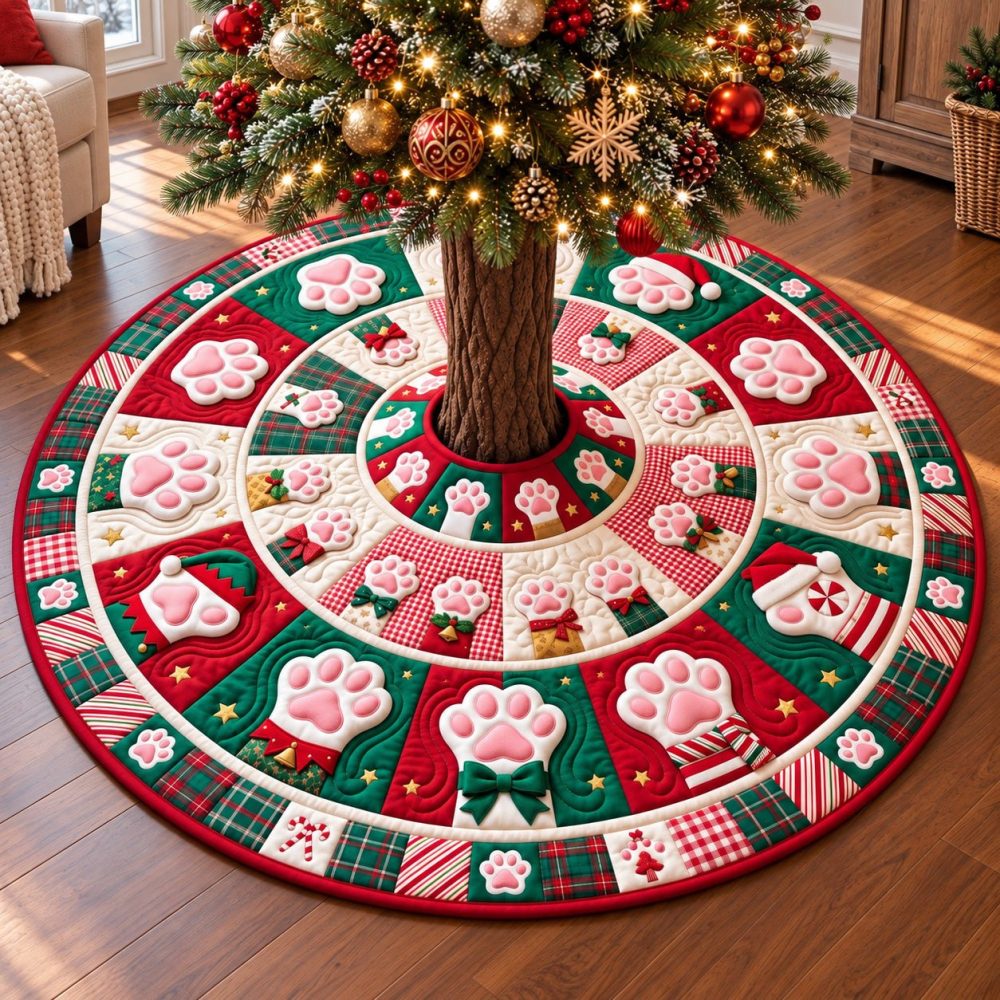 Pink Paw Print Christmas Tree Skirt - Cute Pet-Themed Holiday Skirt, Soft Fabric, Custom Sizes, Handmade Gift For Dog Lovers