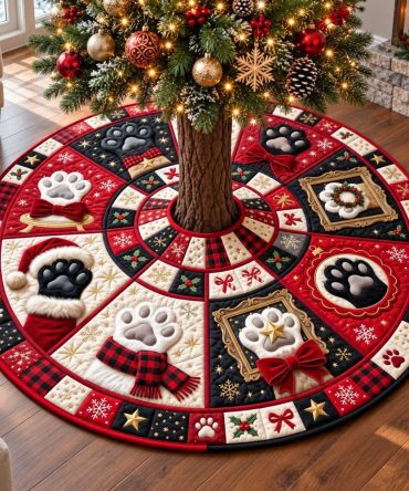 Plaid Stocking Paws Christmas Tree Skirt - Rustic Plaid & Stocking Motif, Pet-Friendly Holiday Base, Handmade, Customizable Sizes