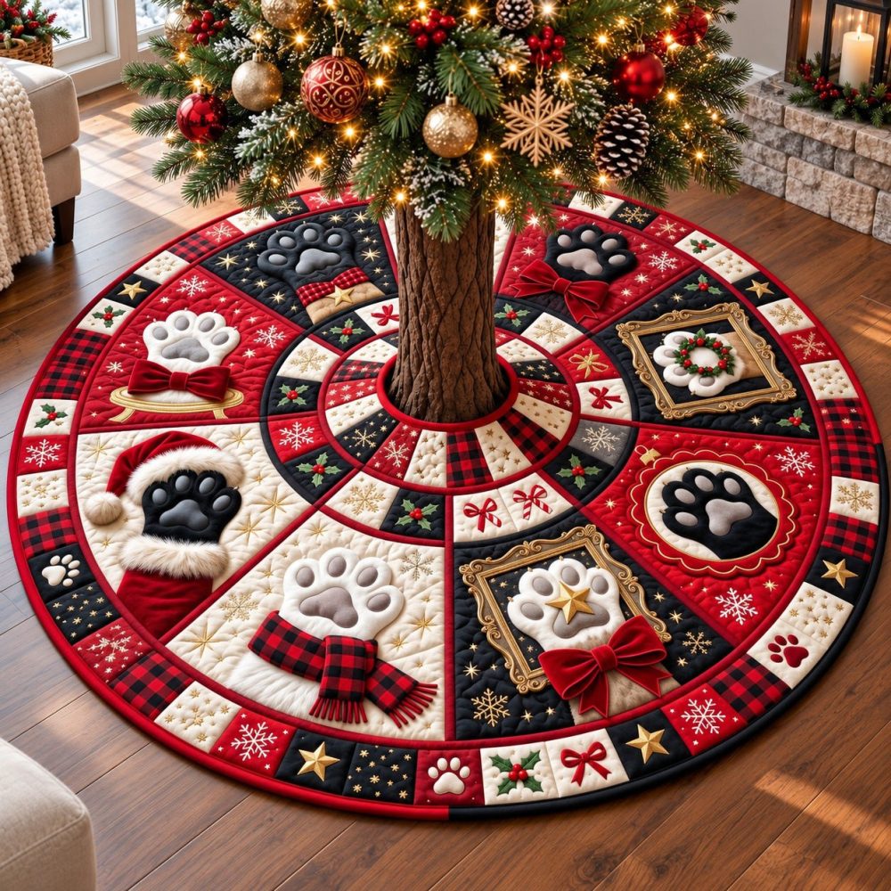 Plaid Stocking Paws Christmas Tree Skirt - Rustic Plaid & Stocking Motif, Pet-Friendly Holiday Base, Handmade, Customizable Sizes