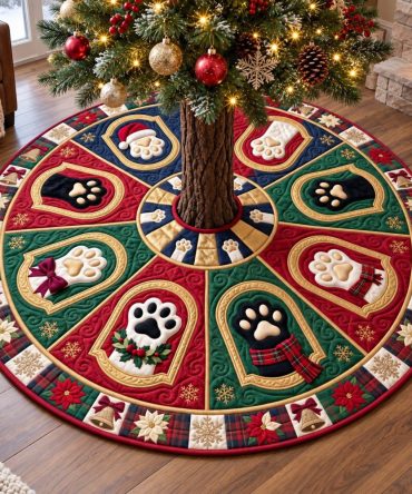 Green Wreath Paws Christmas Tree Skirt - Festive Dog Paw & Wreath Design, Handmade Cotton Skirt, Custom Fit, Pet-Friendly Decor