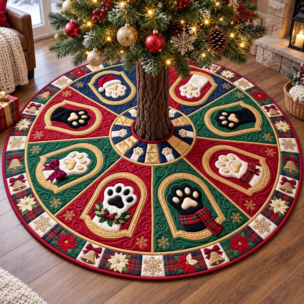 Green Wreath Paws Christmas Tree Skirt - Festive Dog Paw & Wreath Design, Handmade Cotton Skirt, Custom Fit, Pet-Friendly Decor