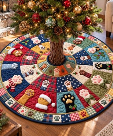 Patchwork Rainbow Paws Christmas Tree Skirt - Colorful Quilted Skirt, Pet-Friendly Holiday Accent, Handmade, Custom Sizes Available