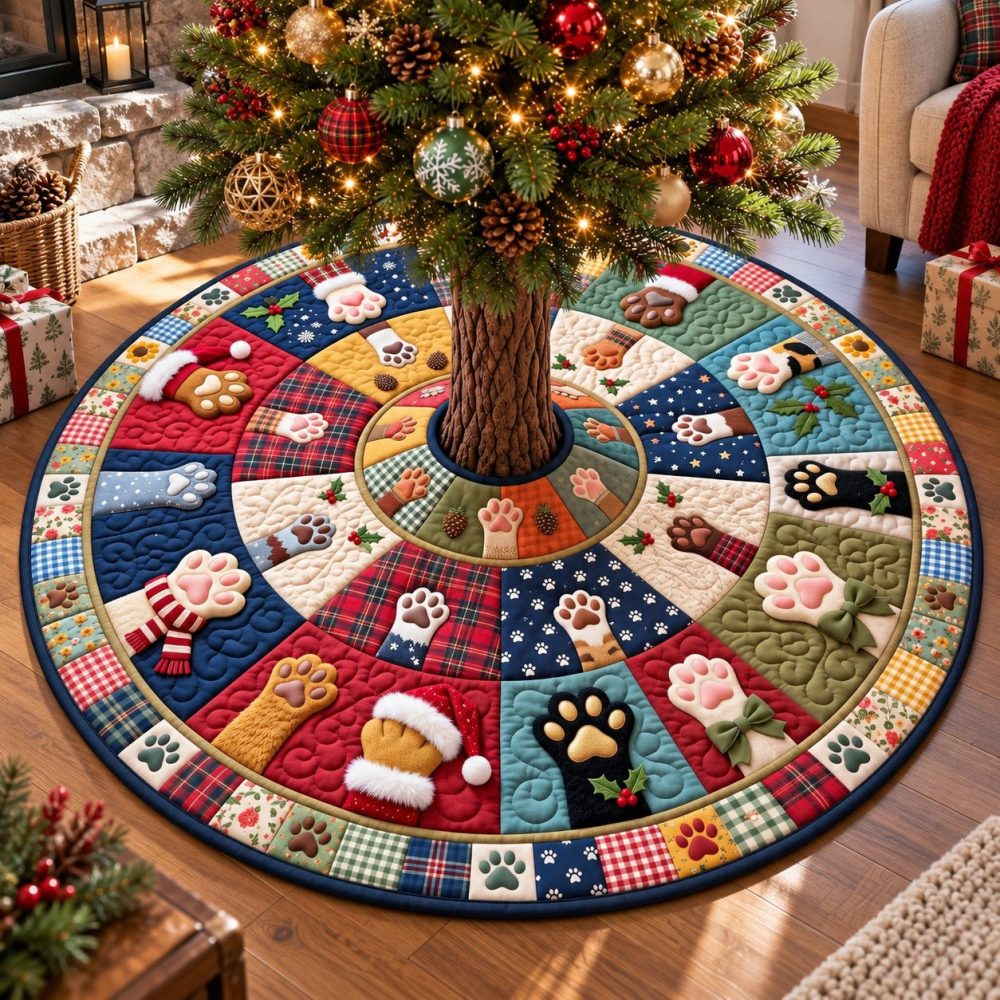 Patchwork Rainbow Paws Christmas Tree Skirt - Colorful Quilted Skirt, Pet-Friendly Holiday Accent, Handmade, Custom Sizes Available