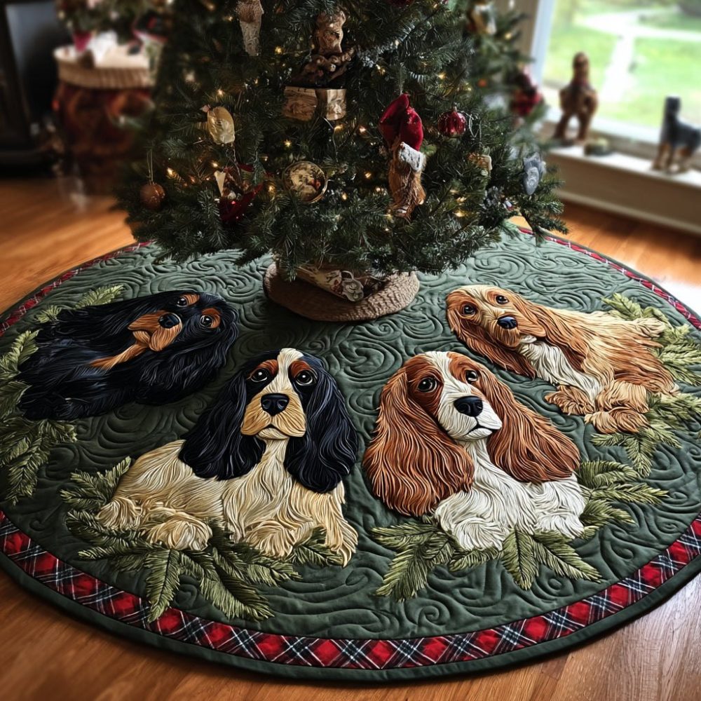 Festive Cocker Spaniel Whirl Christmas Tree Skirt — Custom Cocker Dog Holiday Tree Collar, Soft Fabric, Personalized & Washable