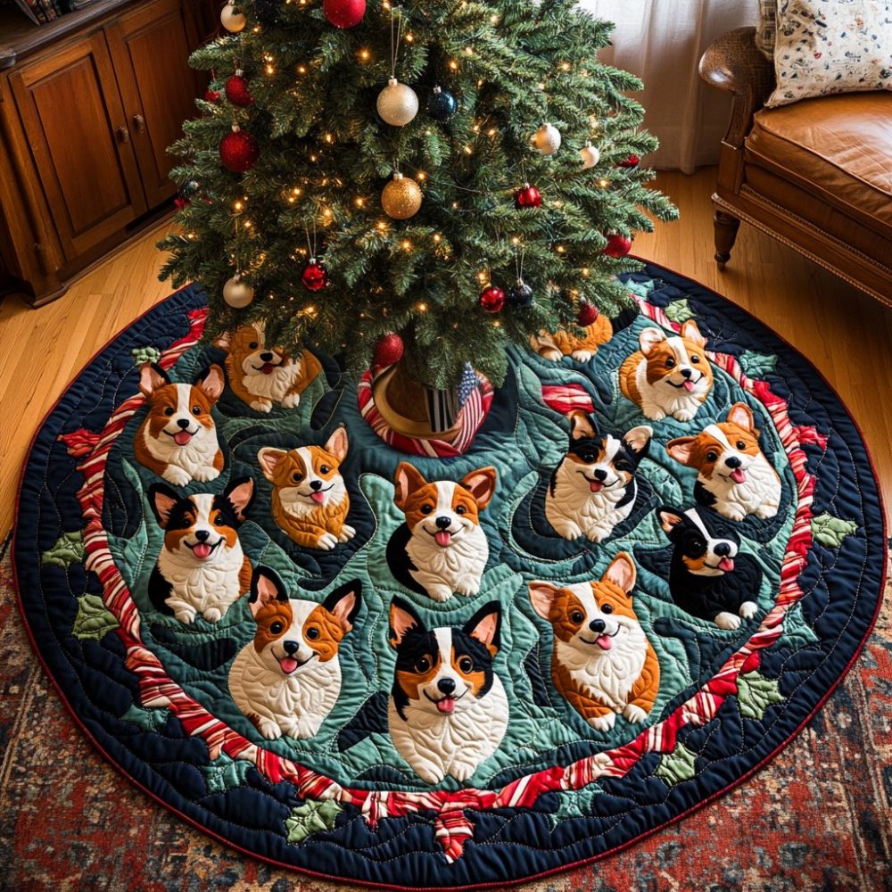 Festive Corgi Cheer Christmas Tree Skirt — Custom Holiday Corgi Design, Soft Velvet Or Fleece Options, Personalized & Washable