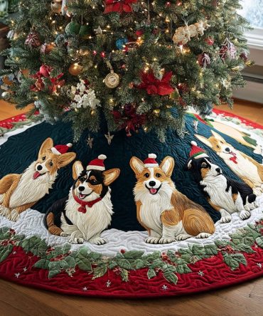 Custom Corgis In Santa Hats Christmas Tree Skirt - Festive Handmade Holiday Dog Skirt With Row Of Corgis, Personalized Pet Gift