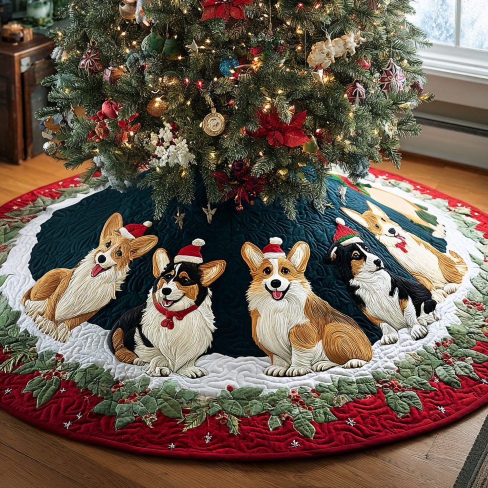 Custom Corgis In Santa Hats Christmas Tree Skirt - Festive Handmade Holiday Dog Skirt With Row Of Corgis, Personalized Pet Gift