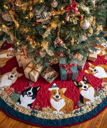 Handmade Red Corgi Christmas Tree Skirt - Corgi And Friends Holiday Tree Skirt, Vibrant Red Fabric, Customizable & Gift-Ready