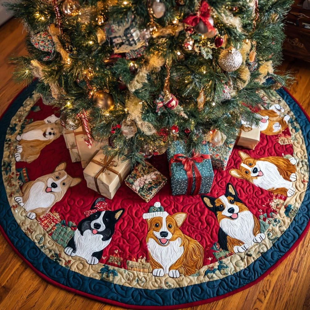 Handmade Red Corgi Christmas Tree Skirt - Corgi And Friends Holiday Tree Skirt, Vibrant Red Fabric, Customizable & Gift-Ready