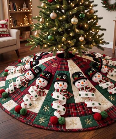 Plaid Snowman Parade Tree Skirt — Custom Plaid Winter Skirt Featuring Snowman Parade Appliques, Cozy Holiday Accent