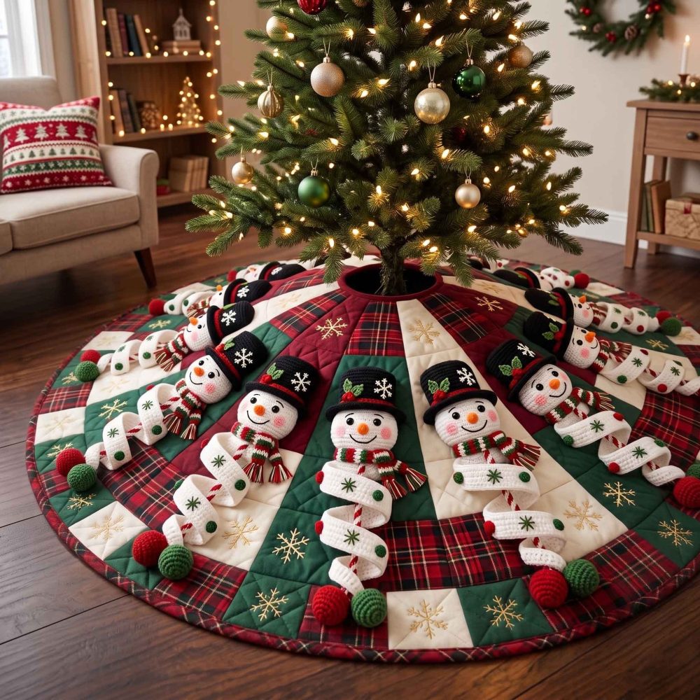 Plaid Snowman Parade Tree Skirt — Custom Plaid Winter Skirt Featuring Snowman Parade Appliques, Cozy Holiday Accent