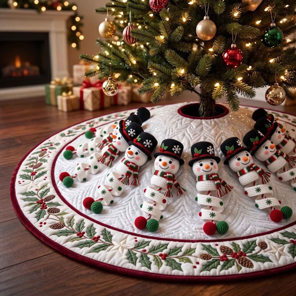 Top Hat Snowman Circle Tree Skirt — Custom Snowman Circle Design, Classic Black Hat Holiday Tree Accent