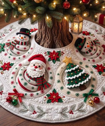 Poinsettia Santa Portrait Tree Skirt — Custom Holiday Skirt With Poinsettia Motifs And Santa Portrait, Luxurious Finish