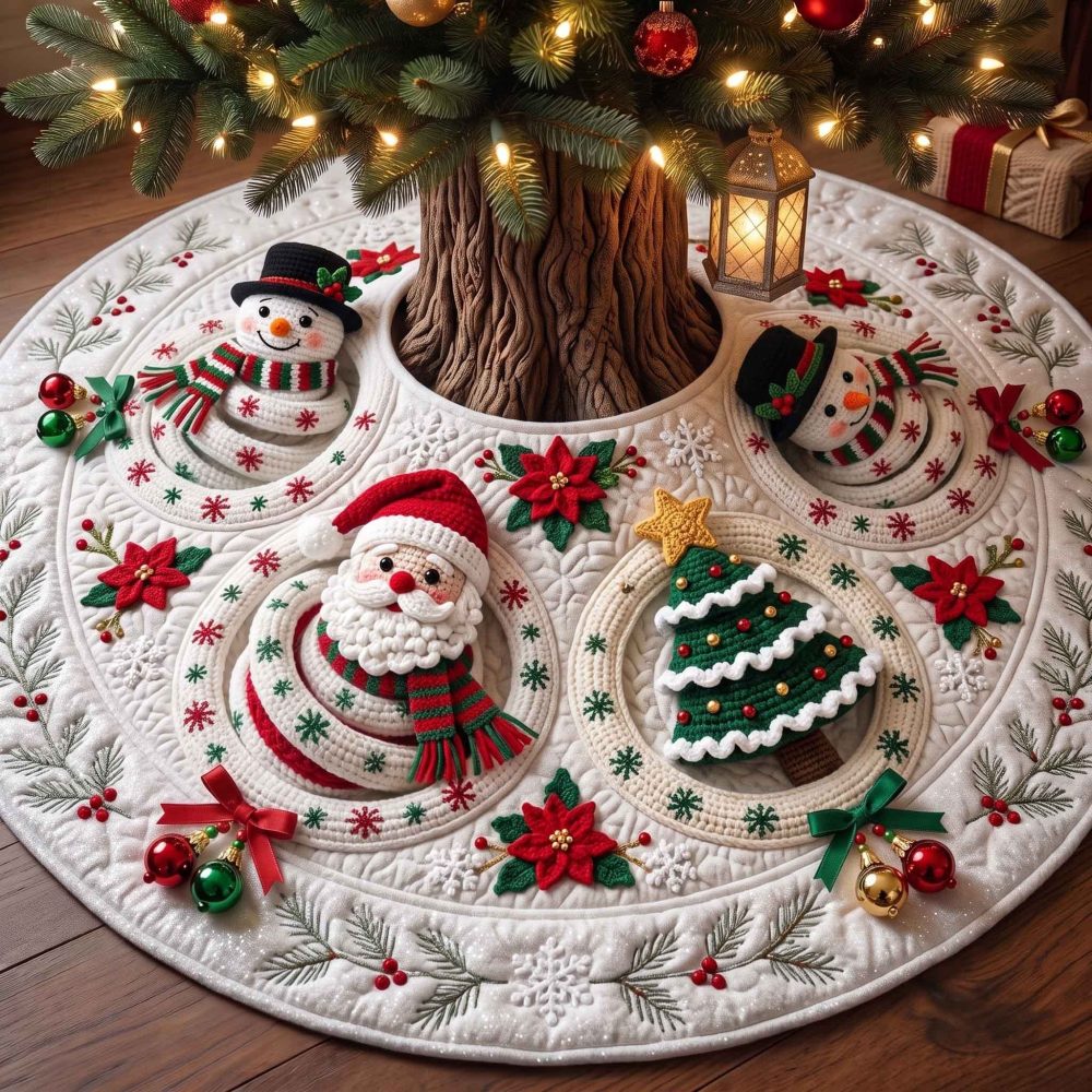Poinsettia Santa Portrait Tree Skirt — Custom Holiday Skirt With Poinsettia Motifs And Santa Portrait, Luxurious Finish