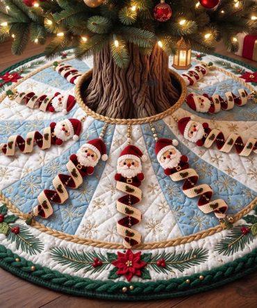 Icy Blue Candy Cane Santa Tree Skirt — Custom Icy Holiday Skirt With Candy Cane And Santa Accents, Cool Seasonal Decor