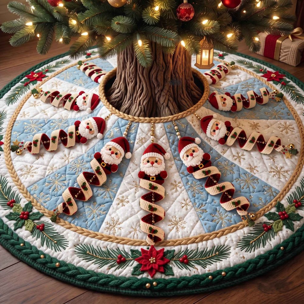 Icy Blue Candy Cane Santa Tree Skirt — Custom Icy Holiday Skirt With Candy Cane And Santa Accents, Cool Seasonal Decor