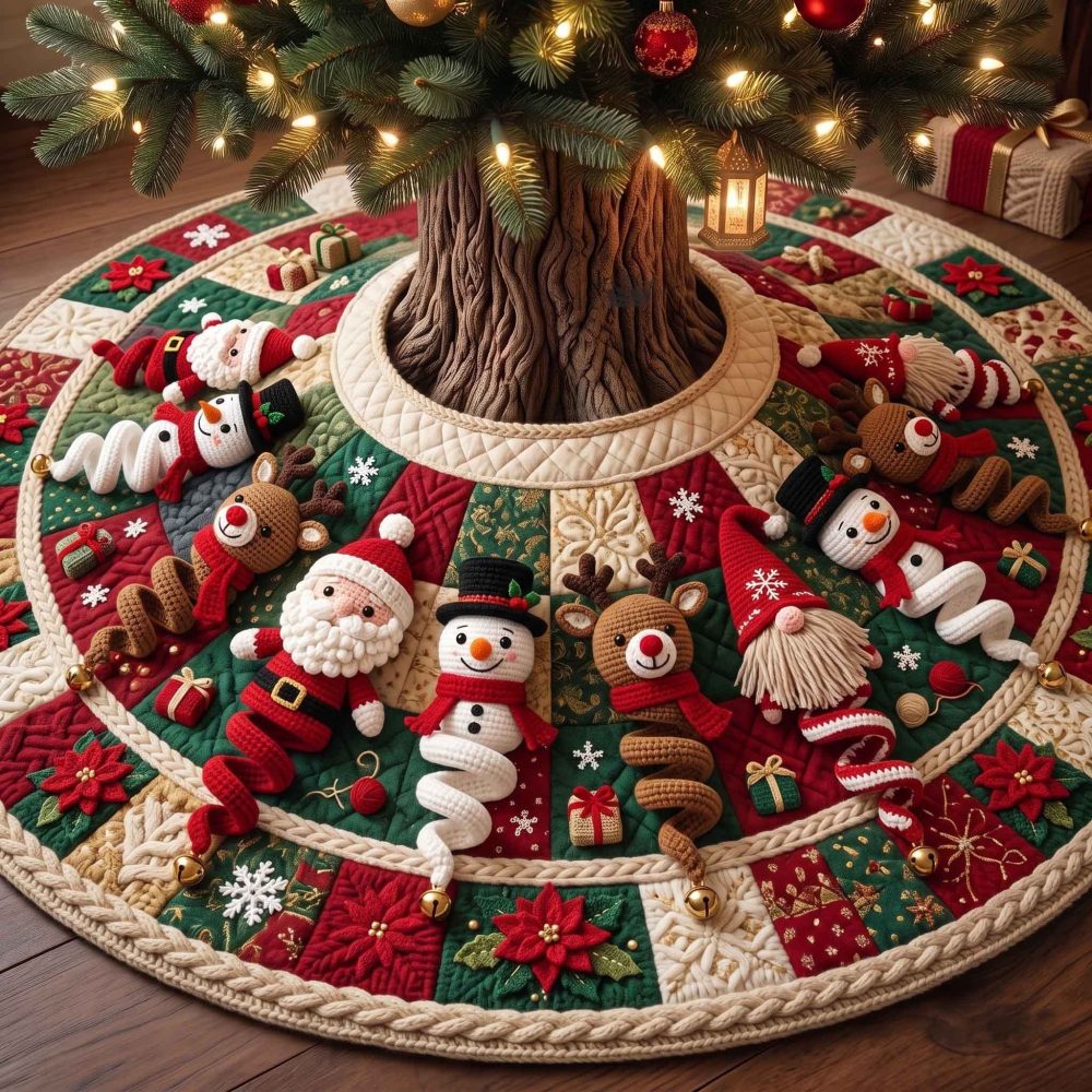 Santa, Reindeer & Gnome Holiday Tree Skirt — Custom Whimsical Trio Skirt With Festive Characters, Premium Fabric