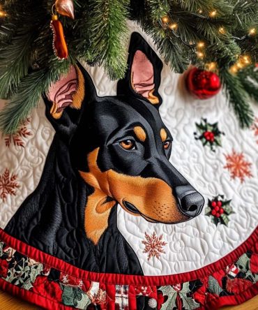 Custom Festive Doberman Guardian Tree Skirt — Handmade Doberman Dog Christmas Tree Collar, Durable Fabric, Personalizable & Washable