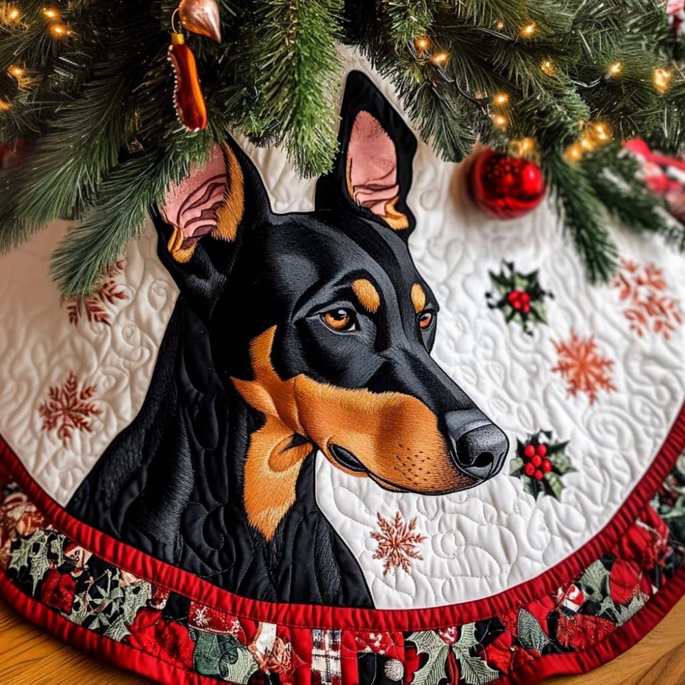 Custom Festive Doberman Guardian Tree Skirt — Handmade Doberman Dog Christmas Tree Collar, Durable Fabric, Personalizable & Washable