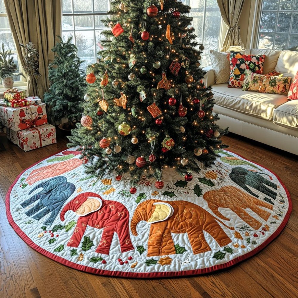 Custom Festive Elephants Christmas Tree Skirt — Handmade Elephant Motif Holiday Tree Collar, Bold Print, Soft & Machine-Washable