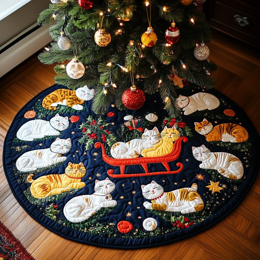 Custom Festive Cat Holiday Tree Skirt — Handmade Feline Christmas Tree Collar, Soft Velvet, Personalized & Machine-Washable