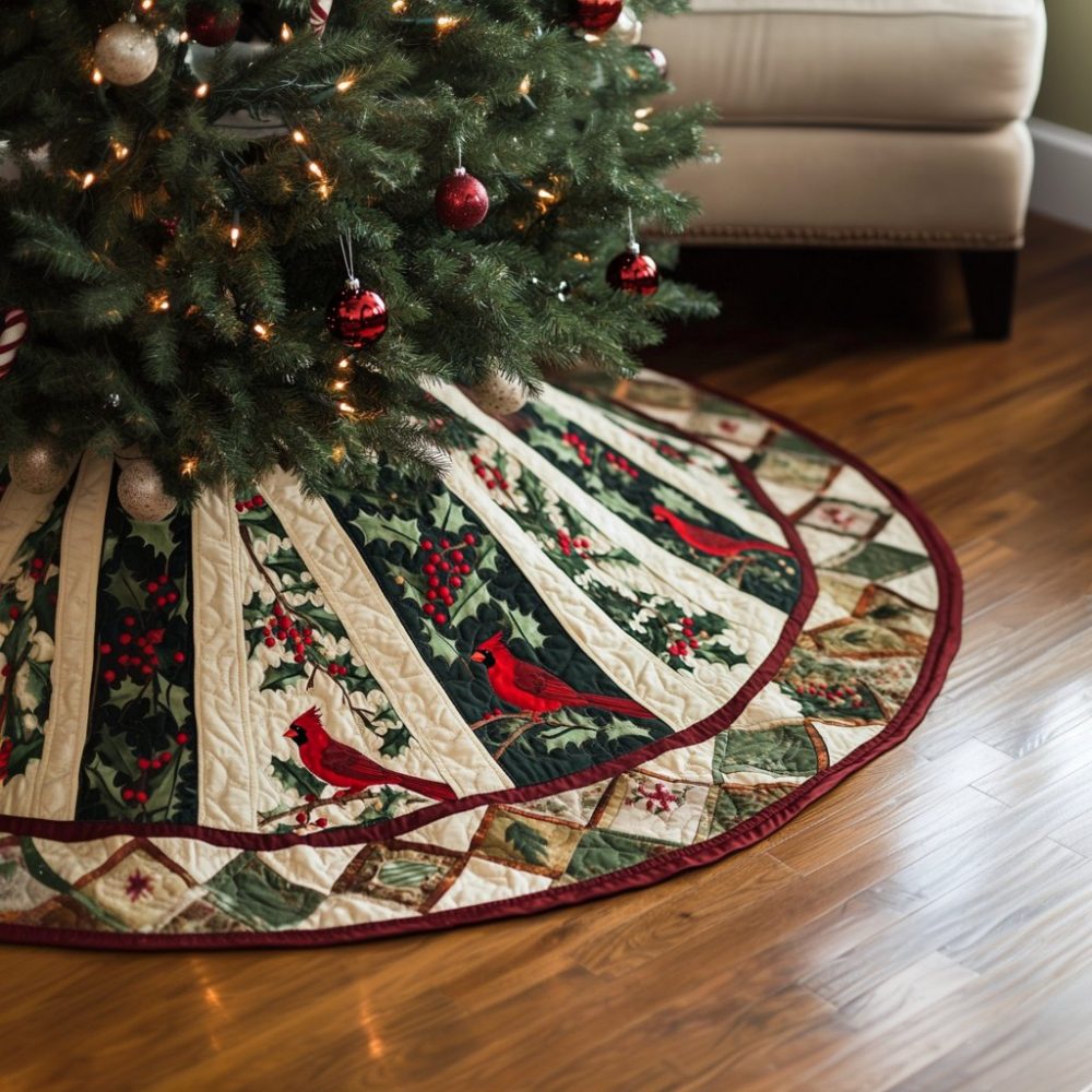 Modern Flock Holiday Tree Skirt H020 — Custom Contemporary Christmas Skirt, Stylized Bird Print, Durable & Washable