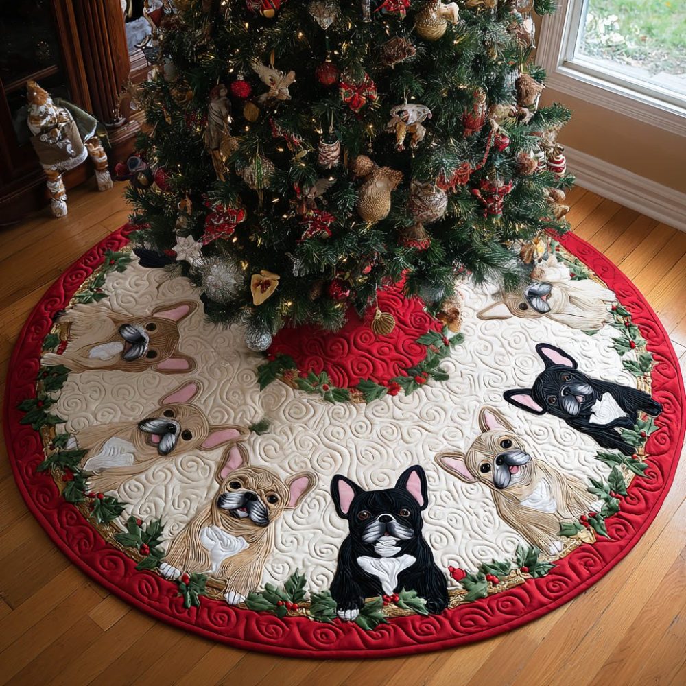 Frenchie Cheer Holiday Tree Skirt — Custom French Bulldog Christmas Skirt, Cute Canine Design, Durable & Washable