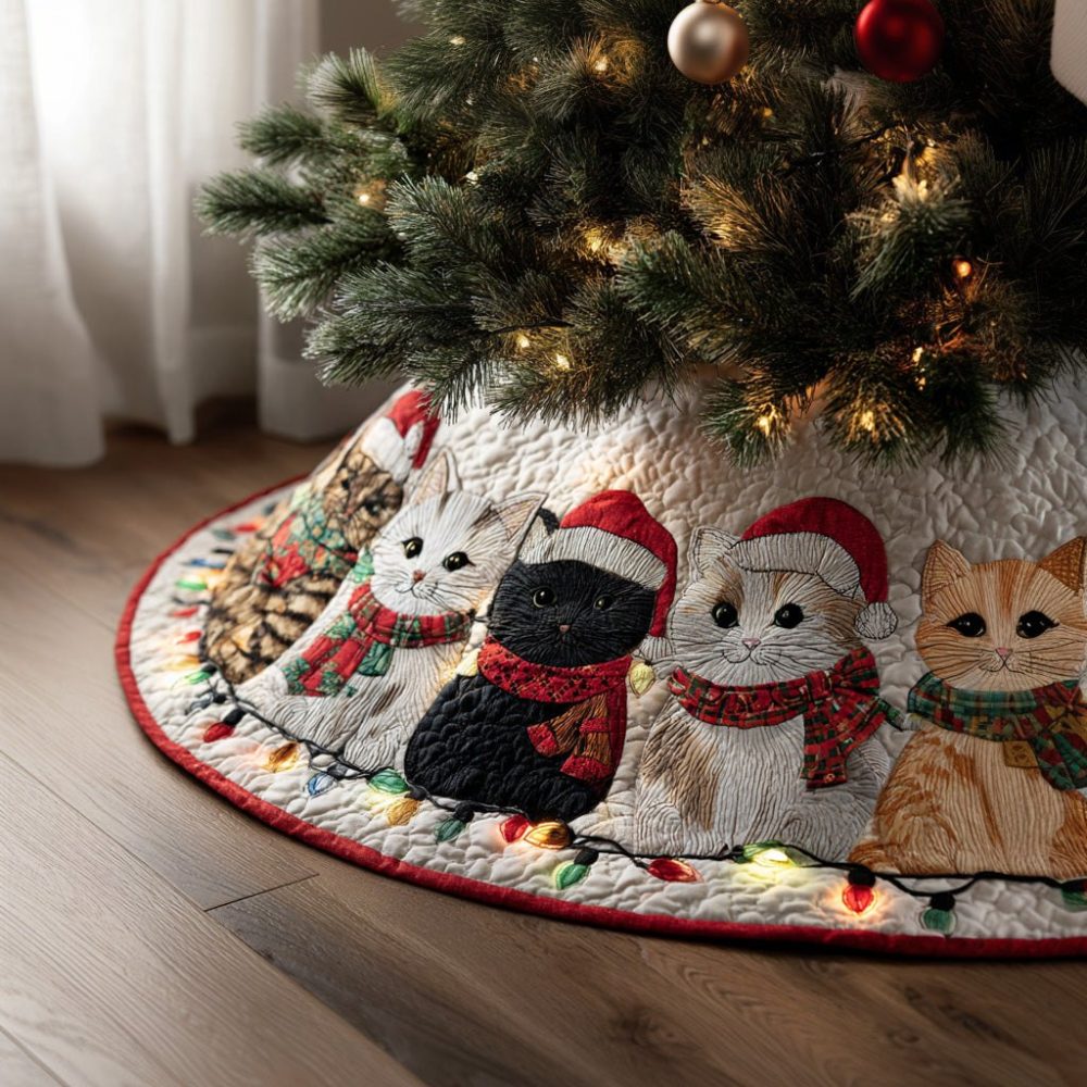 Handcrafted Kitten Christmas Tree Skirt - Adorable Kittens In Winter Hats Holiday Skirt, Custom Cat Lover Decor, Plush & Durable
