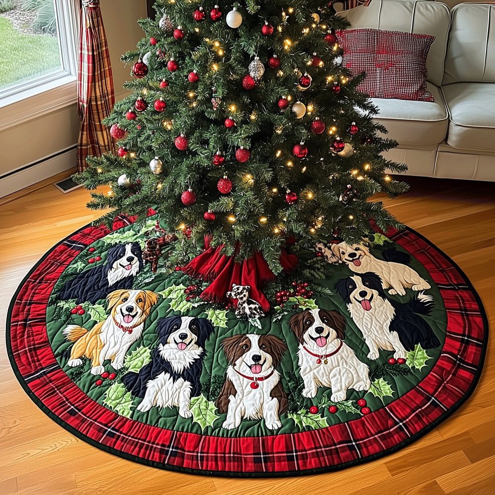 Handmade Plaid Collie And Spaniel Christmas Tree Skirt - Cozy Farmhouse Holiday Decor, Custom Dog-Themed Tree Skirt, Perfect Gift