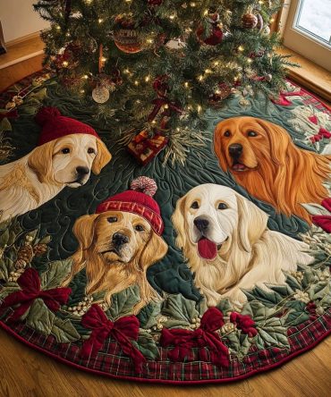 Handmade Golden Retriever Christmas Tree Skirt - Festive Holiday Dog Decor With Puppies In Winter Hats, Personalized Pet Lover Gift
