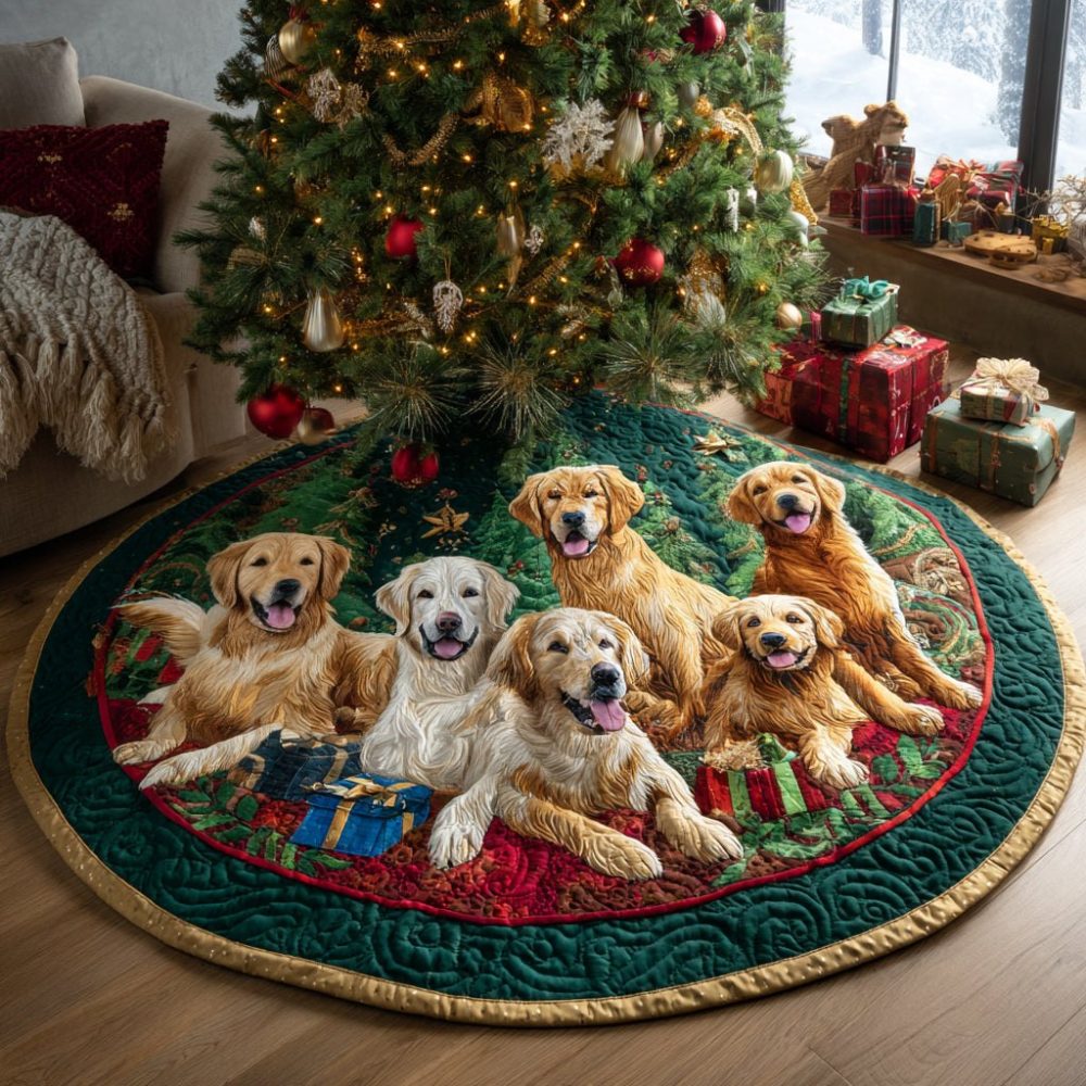 Golden Retriever Family Tree Skirt — Heartwarming Dog Family Design, Luxury Finish, Soft Reverse, Custom Sizes For Holiday
