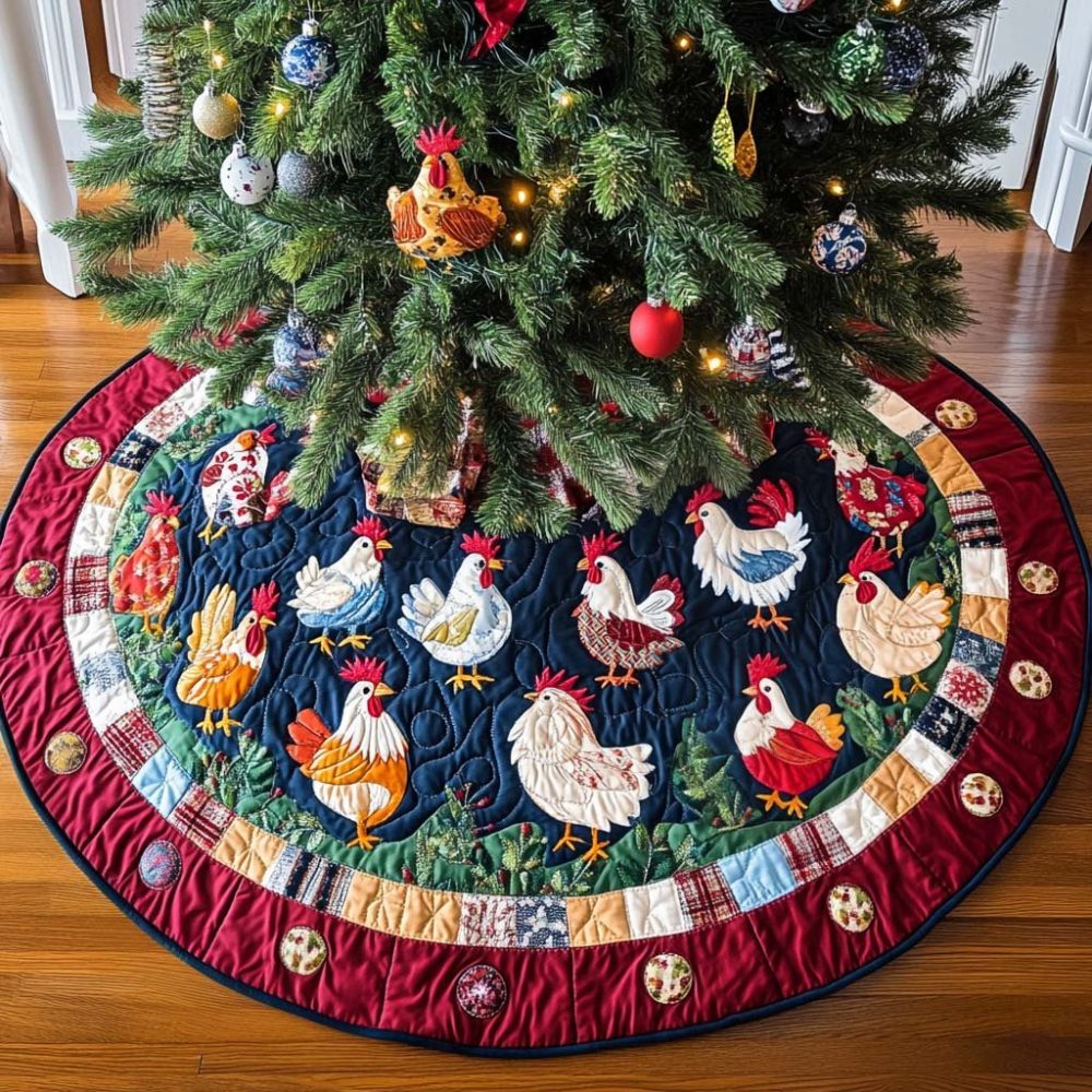 Handcrafted Hen Gathering Holiday Tree Skirt — Custom Christmas Tree Skirt With Farmhouse Charm, Soft Backing, Multiple Sizes