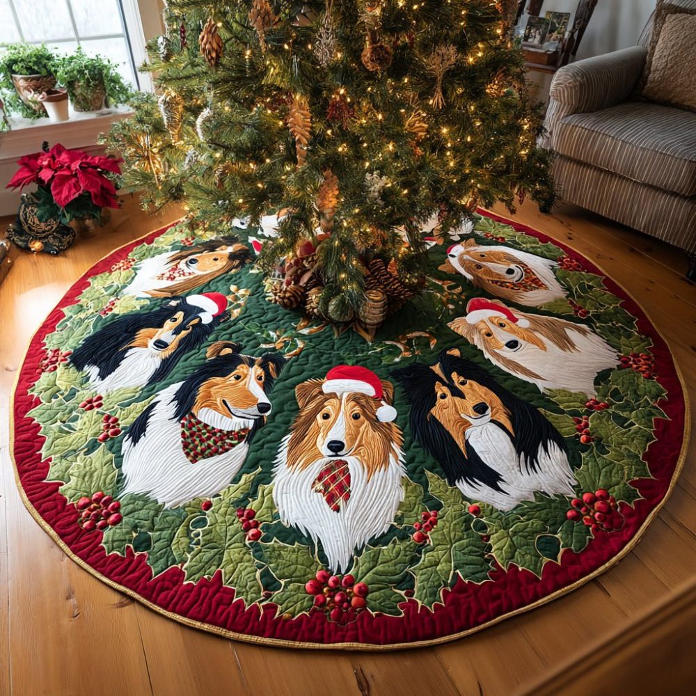 Shelties In Holly Wreath Holiday Tree Skirt — Adorable Collie Dogs With Festive Wreath Motif, Warm Quilted Backing, Personalized Size Options