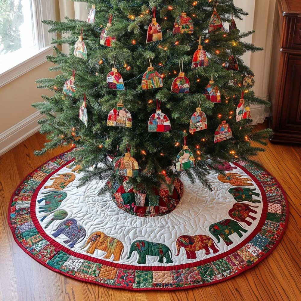 Elephant Parade Border Holiday Tree Skirt — Charming Safari-Inspired Edge, Handcrafted Detail, Soft Underlay, Custom Fit For Christmas Trees