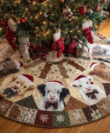 Highland Cow Christmas Tree Skirt - Adorable Highland Cow Illustration On Plush Felt, Personalized Options, Handcrafted Made-To-Order