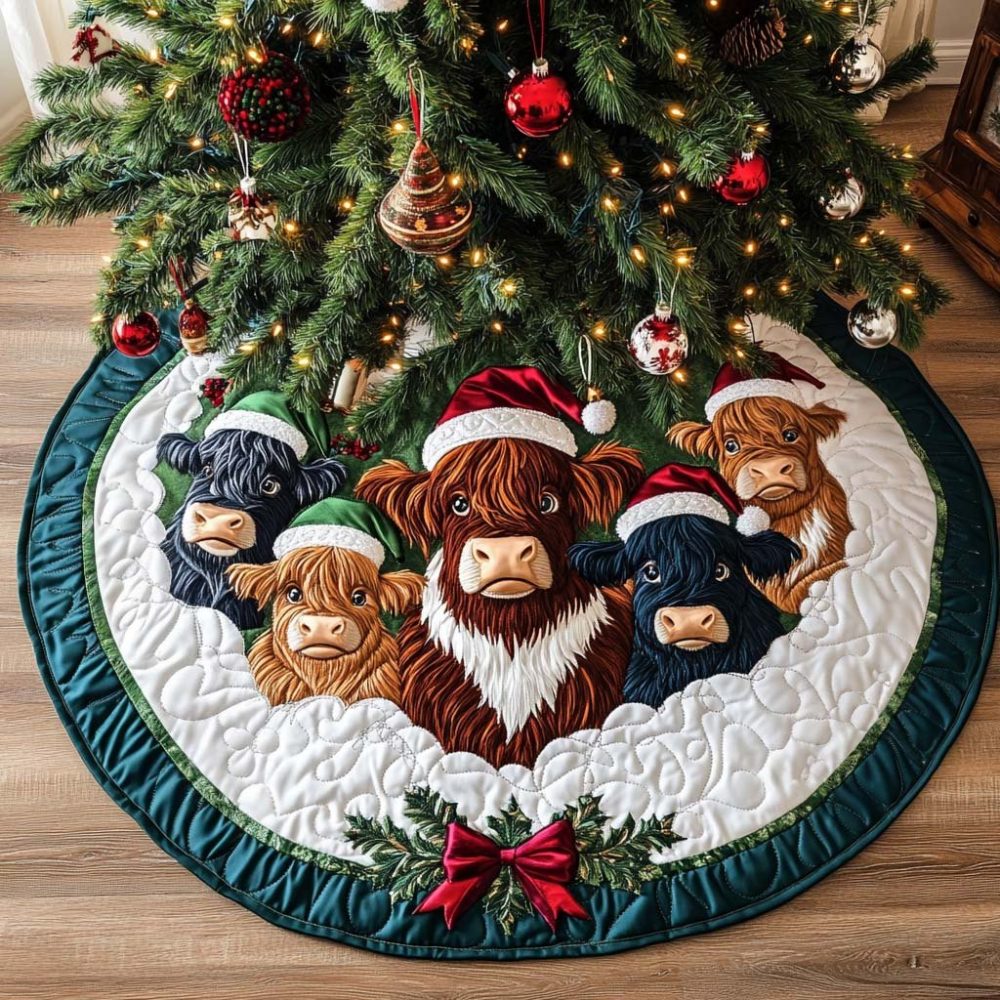 Highland Joy Christmas Tree Skirt - Scottish Highland Cattle Theme On Wool Blend, Handcrafted Custom Sizes, Festive Rustic Decor
