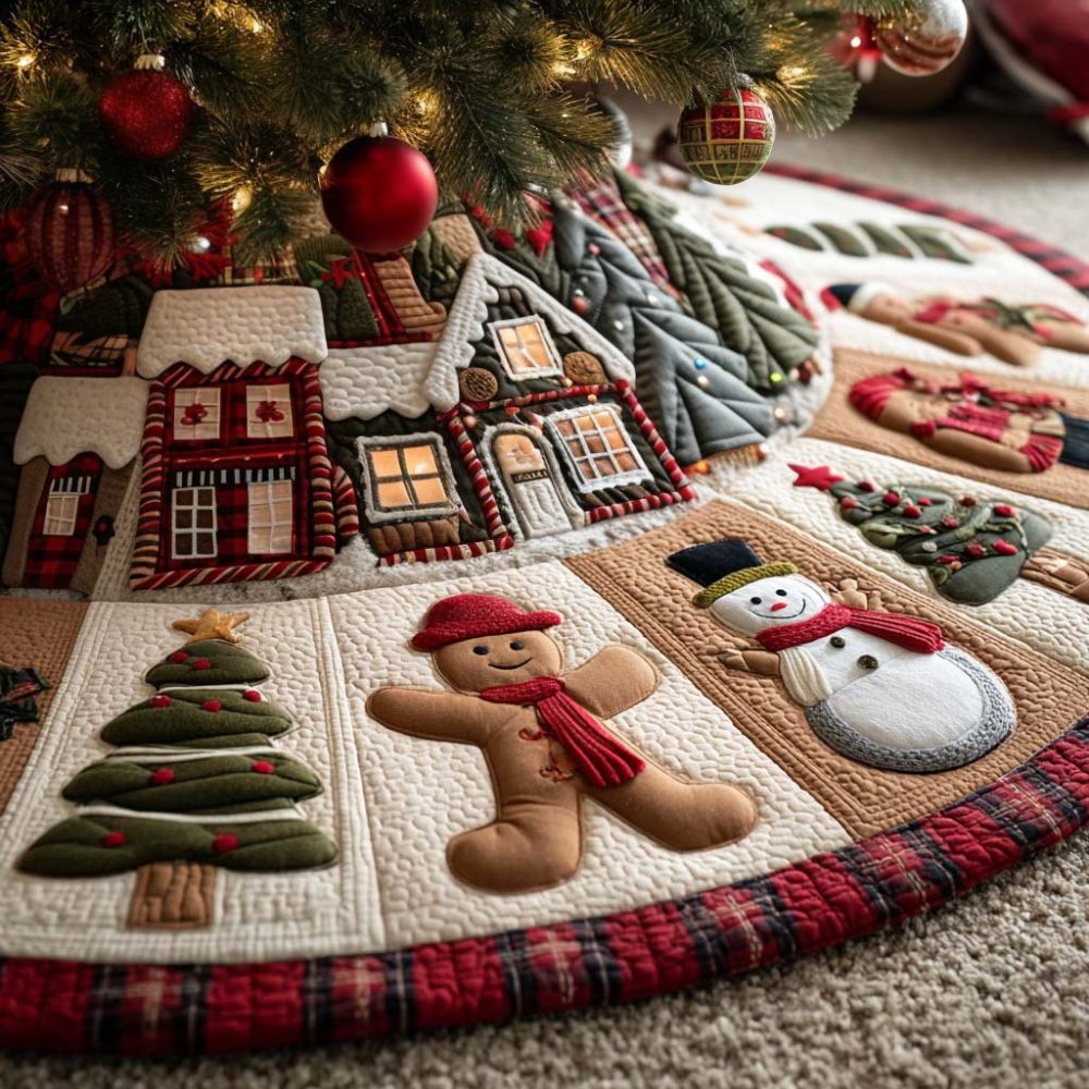 Cozy Home Christmas Tree Skirt - Warm Cottage Design On Soft Felt, Made-To-Order, Custom Sizes & Easy Care Holiday Base