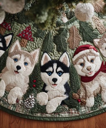 Husky Glow Christmas Tree Skirt - Arctic Husky Design With Frosty Embroidery, Cozy Fleece Backing, Custom Sizes Made-To-Order
