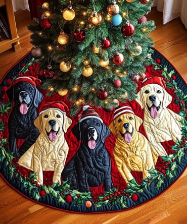 Labrador Joy Christmas Tree Skirt - Playful Lab Silhouettes & Festive Patterns, Premium Plush, Personalized & Made-To-Order