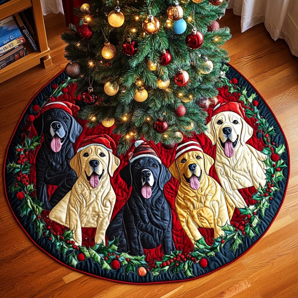 Labrador Joy Christmas Tree Skirt - Playful Lab Silhouettes & Festive Patterns, Premium Plush, Personalized & Made-To-Order