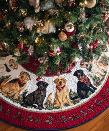 Labrador Retriever Christmas Tree Skirt - Adorable Yellow Lab Design On Plush Felt, Personalized Options, Handcrafted & Made-To-Order