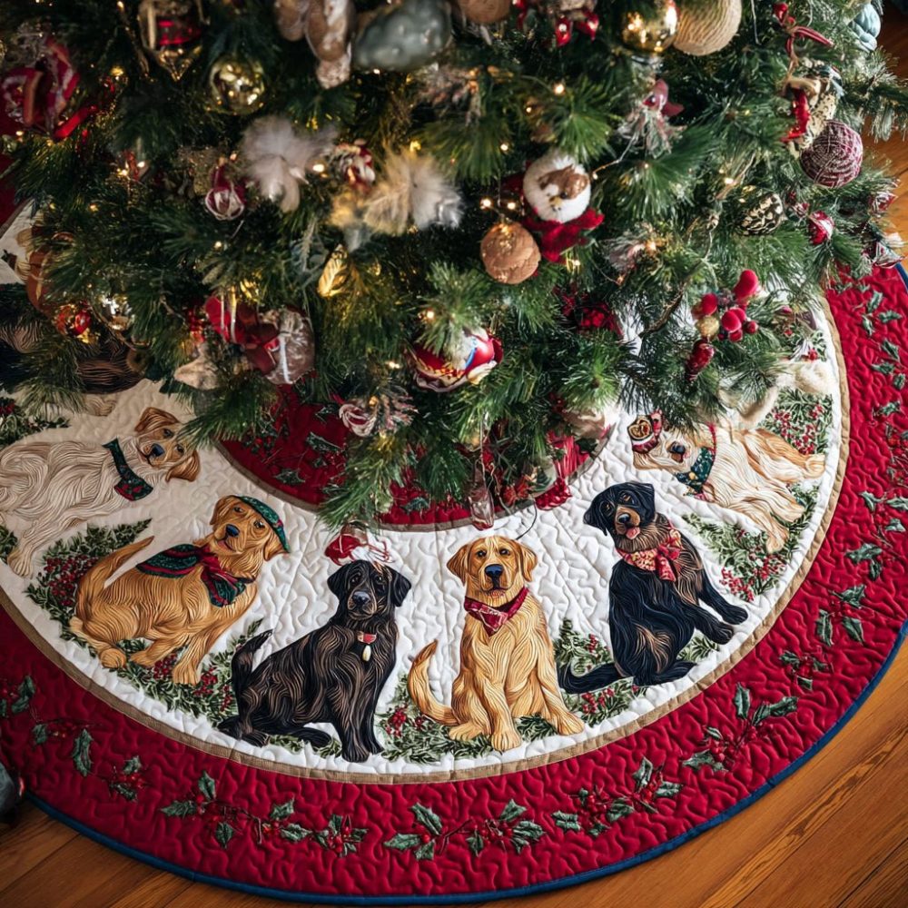 Labrador Retriever Christmas Tree Skirt - Adorable Yellow Lab Design On Plush Felt, Personalized Options, Handcrafted & Made-To-Order