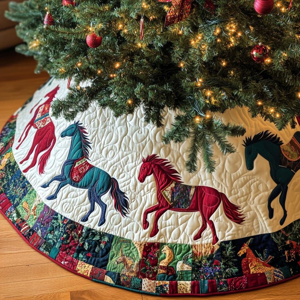 Equestrian Mane Christmas Tree Skirt - Horsehair Motif On Luxe Burlap, Handcrafted Custom Sizes, Made-To-Order Holiday Gift